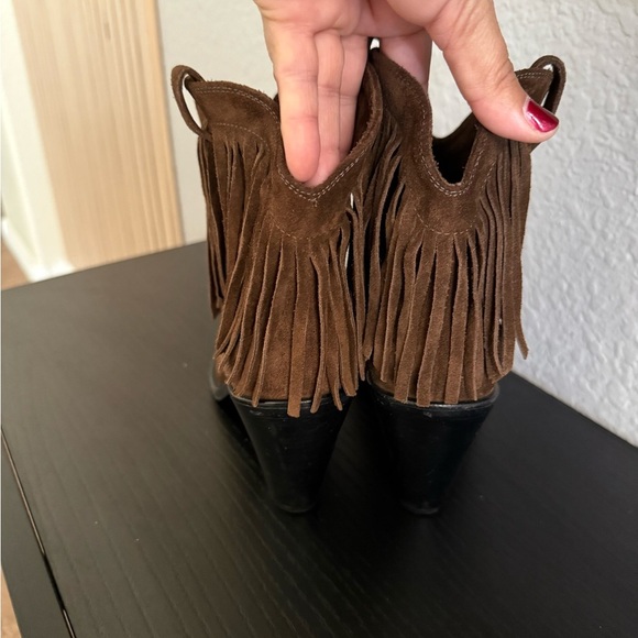 Saint Laurent Brown Fringe Suede Heeled Boots - Picture 7 of 12